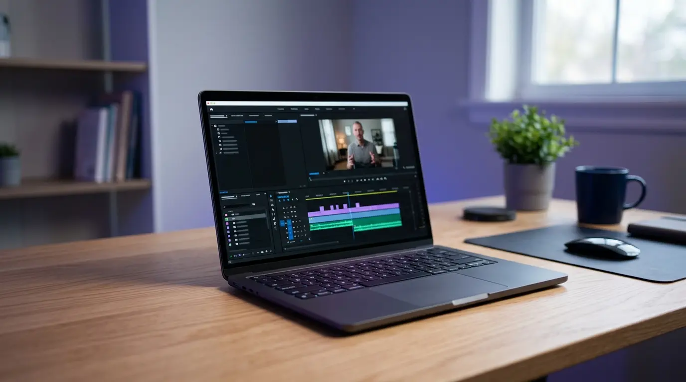 Ilustração genérica de um notebook aberto com uma linha do tempo de edição de vídeo na tela